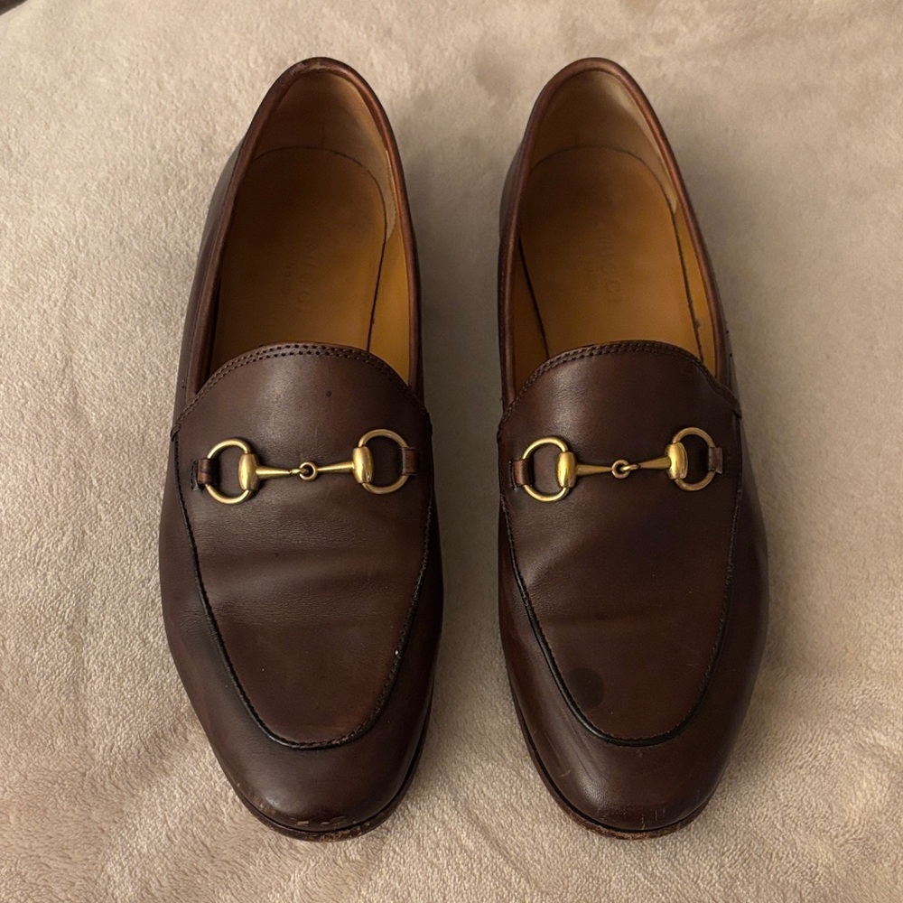 Gucci Brown Leather Loafers with Gold Accents